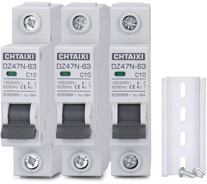 CHTAIXI 3 Pack 1 Pole Miniature Circuit Breaker, 10 Amp 120V/240V AC DIN Rail Mount Circuit Breaker, Thermal Magnetic Trip MCB C10 - Image 1